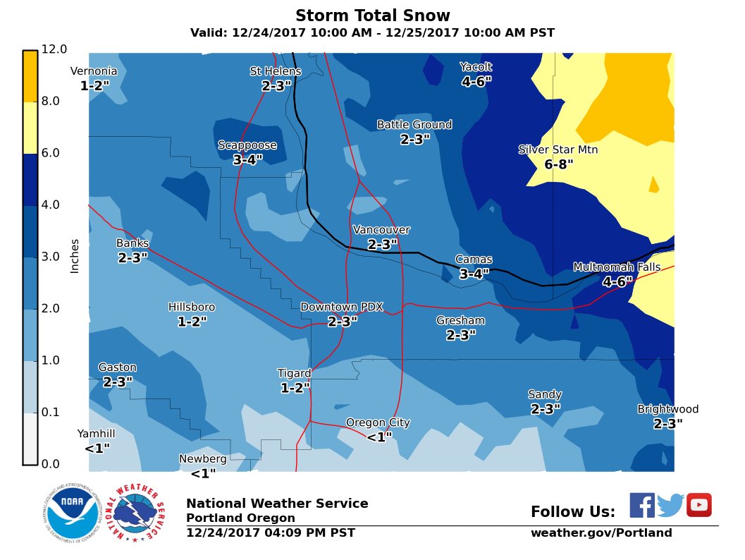 Updated snowfall amounts for the Metro area. With a further south track of the surface low, expecting more snow than originally forecast. Now 2 to 3 inches for areas northeast of US 26. Highest amounts near Scappoose and northern Clark County.