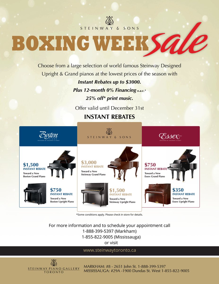 Boxing Week has arrived! Save up to $3000 in instant rebates PLUS 12 months of 0% financing o.a.c, as well as receive %25 off print music. Offer runs from now through to December 31st! 
LEARN MORE: ow.ly/RZa430hoPAA