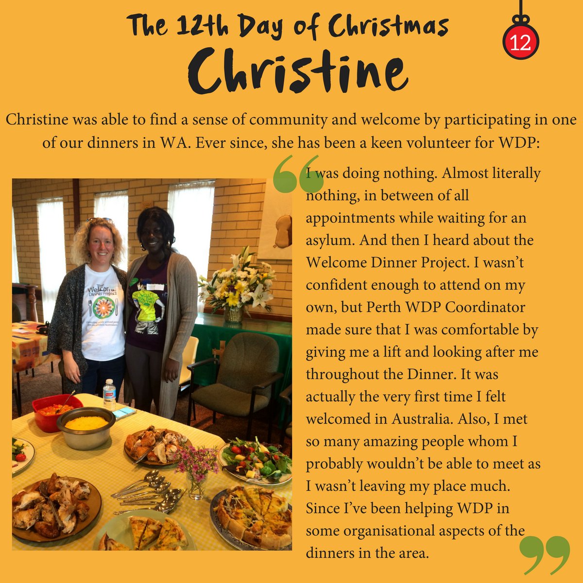 🌟 MERRY CHRISTMAS! 🌟 

It has been a pleasure sharing a story a day from WDP. For the final day, we hear from beautiful Christine, whose involvement in the WDP made her feel a sense of Welcome for the first time in Australia. Read more of her story here: bit.ly/2l8myiJ