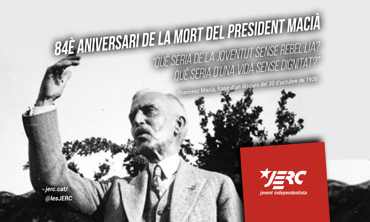 JoventRepublica's tweet photo. "Què seria d'una joventut sense rebel·lia? Què seria d'una vida sense dignitat?" es preguntava el #presidentMacià en un discurs d'un 30 d'octubre de 1926. Avui, @junqueras no ha pogut assistir a l'homenatge dels 84 anys de la seva mort. Cap més nadal amb innocents a la presó! https://t.co/UN834qNMMa