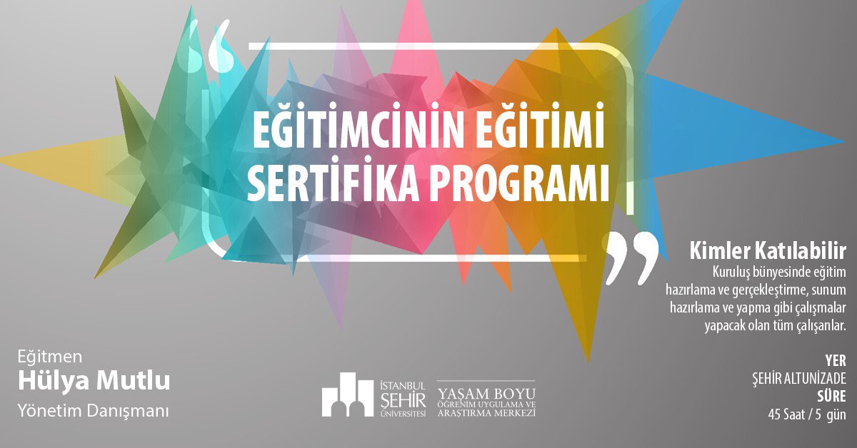 SehirYBM's tweet photo. ✔️ Eğitimcinin Eğitimi Sertifika Programı
📅 12-13-14-20-21 Ocak 2018
🕘 09.00-16.30
⏳ 5 Gün / 45 Saat
📍ŞEHİR ALTUNİZADE 

🔎Detaylar için  https://t.co/VkWJz7Fymj https://t.co/EclTRVu8Qg