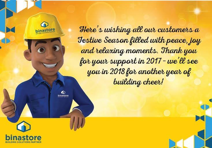 BinastoreZambia's tweet photo. We wish all our customers a festive season filled with peace, joy and relaxing moments. See you in 2018 for another year of building cheer! #MerryChristmas #ChristmasGreetings #Binastore #OneStopShop https://t.co/ukt8eVZPvn