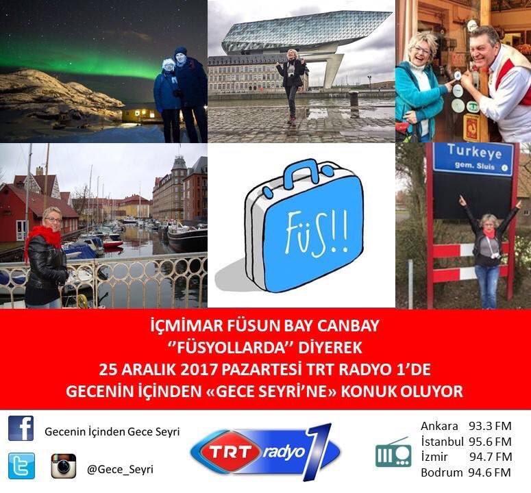 Kimseye öğüt verme gayesi olmayan <a href="/FusunBay/">Füsun Bay Canbay 🏡</a> gezi anıları(mız)nı
fusyollarda.com  sayfasında yazıya döküyor. ✍🏼İlginç bir sohbet olacağı kesin.
Bence kaçırmayın ve siz de ortak olun bu sohbete. Unutmayın Gecenin İçinden “Gece Seyri” bölümü saat 23.55’te TRT Radyo 1’de…