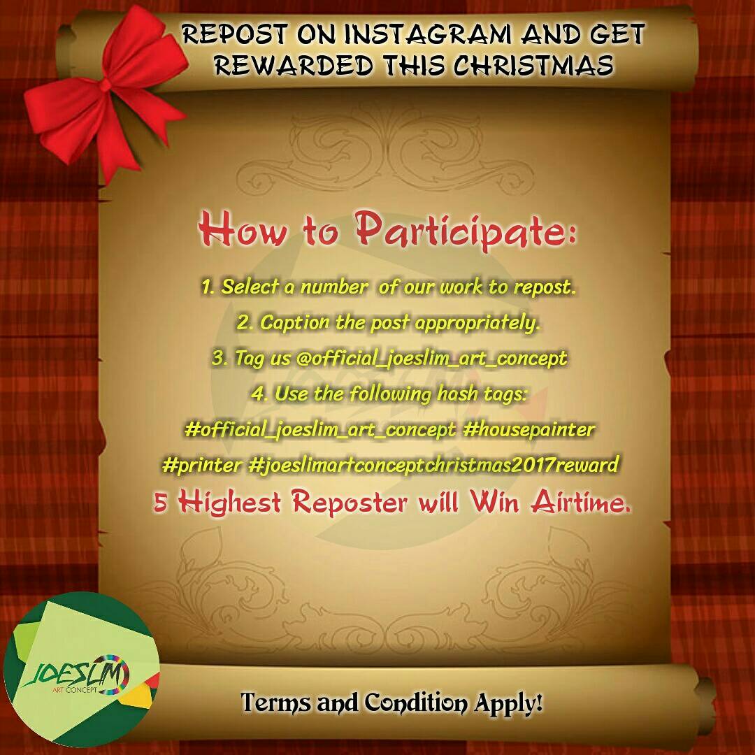 ipaint_design's tweet photo. Repost our work and get rewarded this Christmas.

This Promo will run from 25th - 30th December, 2017

Start  Reposting Now!

#joeslimartconceptchristmas2017reward #joeslimartconcept #christmas #painting #homedecor #interiorcedor #buildingcontractors https://t.co/016r5YDl9X