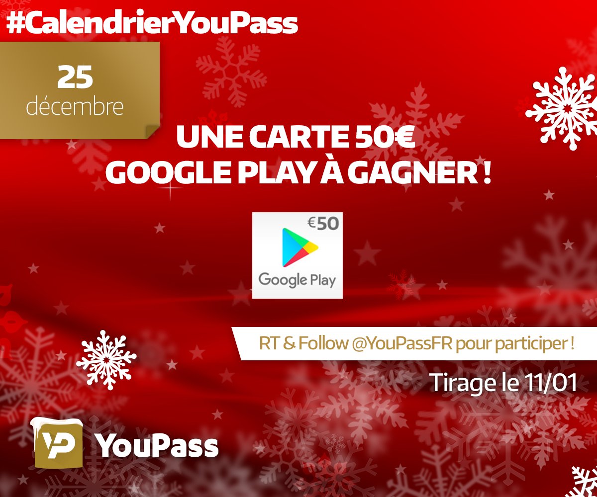 YouPassFR's tweet photo. Fin du #CalendrierYouPass 🎁

On termine sur du lourd une carte 50€ Google Play à gagner 😍

RT ce tweet + Follow @YouPassFR pour participer !

Tirage le 11/01 https://t.co/imuiGGNjDx