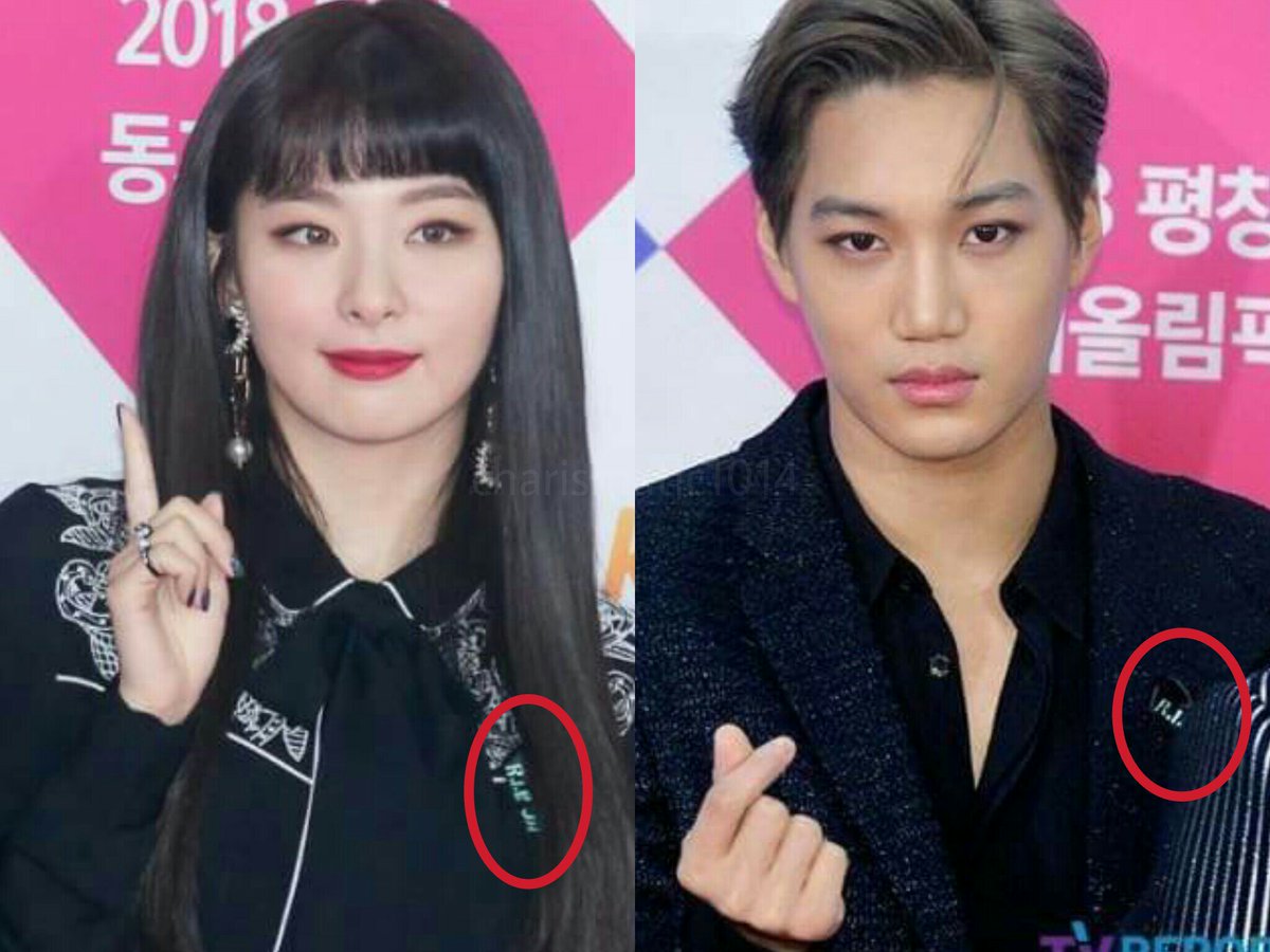 seulkai20's tweet photo. All of SM artist wearing black ribbon "RIP JH" 💝🌹❤
#seulkai #redcarpet kai and seulgi #daviorgom https://t.co/M5jduBpl36