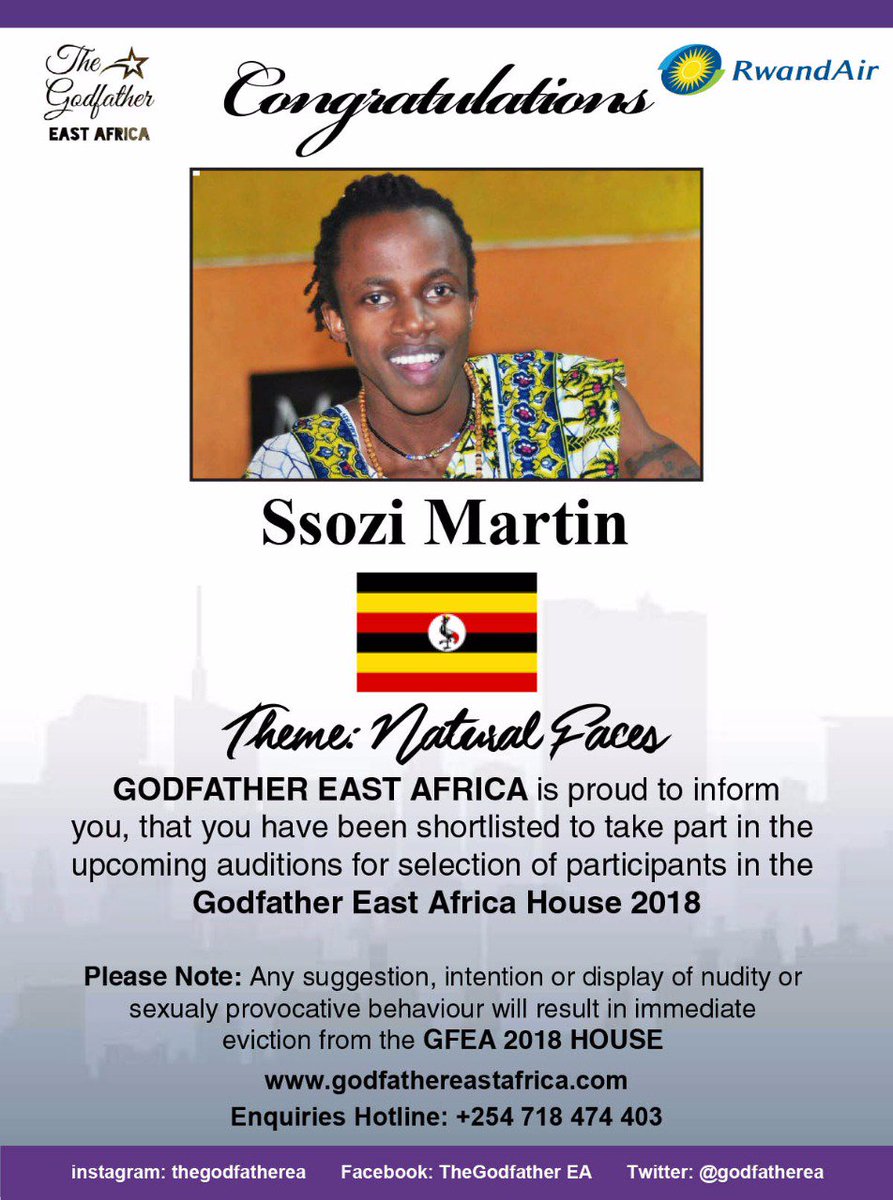 GodFatherEA's tweet photo. MerryChristmas #Happynewyear #2018Welcome
Ssozi Martin - Another Ugandan who has Finally made it to the shortlist!!!
Application Process for The Godfather EA #2018House is on until 1st January, 2018.
#Nairobi #EastAfrica #Theme #NaturalFaces #TheGodfatherEA #Contestants https://t.co/CkhNJo2NJL