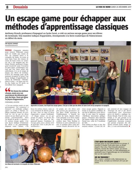 Anthony_Straub_'s tweet photo. Quand @lavoixdunord t'offre un super article d'une page le jour de Noël sur #escapegame réalisé avec tes terminales! MERCI ! 😊🌲❄️🎁🎀#Eldorado @canope_59 @serrenumerique @RechESPElnf @arnold_gil @thxnderstrxck @Brahim_Blch @Tototom24 @Redwan_Ltf https://t.co/N7rJwCbFSV