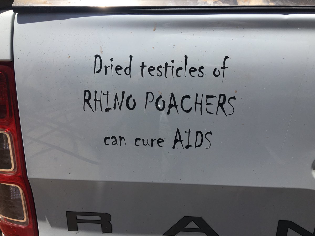 MeyerDeon's tweet photo. Delightful sentiment on the back of a pick-up from Namibia. Made us smile. Merry Christmas! #bumpersticker #rhinos https://t.co/xNhNQmFLlg