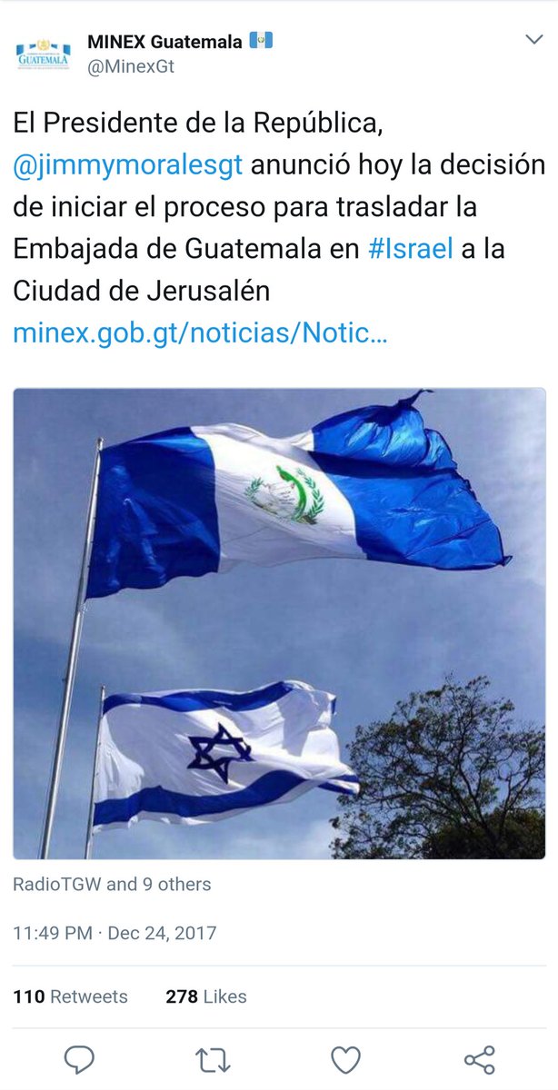 EladRadson's tweet photo. Following the #US🇺🇸, #Guatemala🇬🇹 too will move its embassy in #Israel🇮🇱 to #Jerusalem🦁. Dramatic move announced by president @JimmyMoraleSGT and relayed by Foreign Ministry (@MinexGt) &amp; Government (@GuatemalaGob). #jerusalemISisrael
🔗https://t.co/86ns0QJzkF https://t.co/oZgNOpQSOd