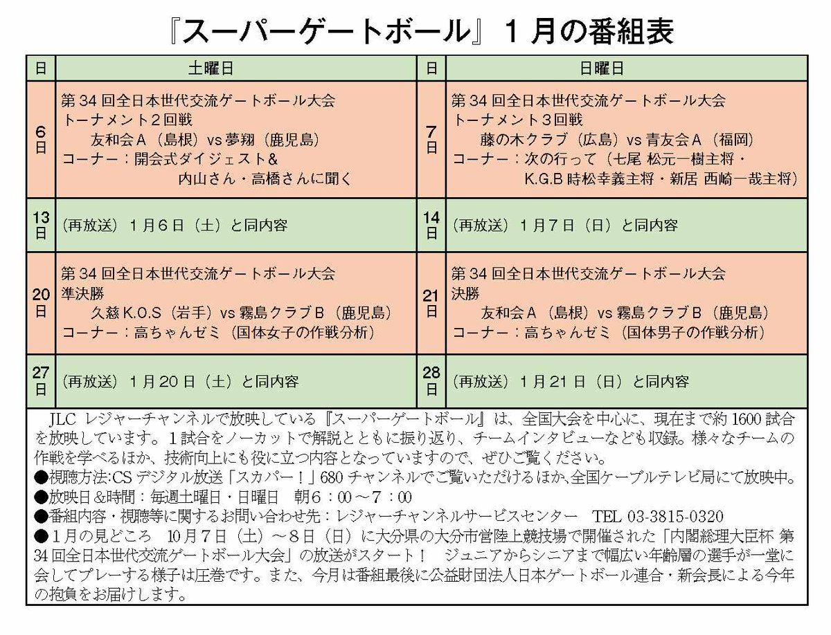 公益財団法人 日本ゲートボール連合 Jlcレジャーチャンネルで放映中のゲートボール専門番組 スーパーゲートボール の18年1月の番組表を掲載しました 詳細はコチラ Jguウェブサイト T Co 04wkqcf1tr Gateball Jlc Tv Supergateball 公益財団法人 日本ゲートボール連合 Jlcレジャーチャンネルで放映中のゲートボール専門番組 スーパーゲートボール の18年1月の番組表を掲載しました 詳細はコチラ Jguウェブサイト T Co 04wkqcf1tr Gateball Jlc Tv Supergateball