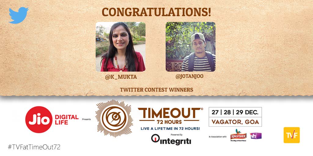 TheViralFever's tweet photo. Here are our Twitter winners! @k_mukta @JotanJoo
Congratulations guys!
You have won VIP Couple Season Passes for #Timeout72!
Please DM us your details. #TVFatTimeout72 @TimeOut_72 https://t.co/sWP969UIQg