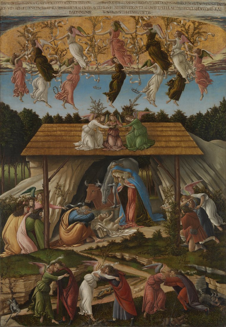 NationalGallery's tweet image. #MerryChristmas from all of us at the Gallery! Sandro Botticelli's 'Mystic Nativity' shows angels and men celebrating the birth of Jesus Christ: bit.ly/2z442A7