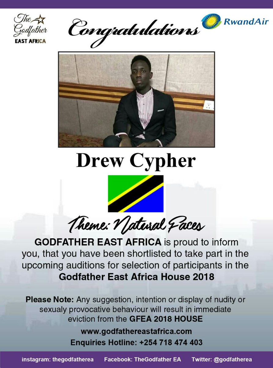GodFatherEA's tweet photo. MerryChristmas #Happynewyear #2018Welcome
Drew Cypher - Another Tanzanian who has Finally made it to the shortlist!!!
Application Process for The Godfather EA #2018House is on until 1st January, 2018.
#Nairobi # EastAfrica #Theme #NaturalFaces # TheGodfatherEA #Contestants https://t.co/r908sZsiwM