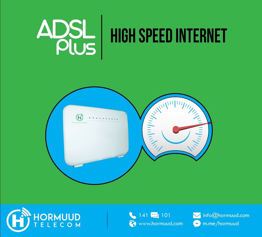 Hormuud's tweet photo. ADSL Plus - Waxa Internet Xawaare Sare Leh aadna ku isticmaali karto gurigaaga ama goobtada ganacsi.
Qiimaha ADSL Plus
1Mbps = $30/ Bishii + 200 Free Minutes
2Mbps = $60/ Bishii + 400 Free Minutes
5Mbps = $90/ Bishii + 700 Free Minutes
#ADSL_Plus
#QiimoDhimis
#Raqiis https://t.co/5L7UwLzMmD