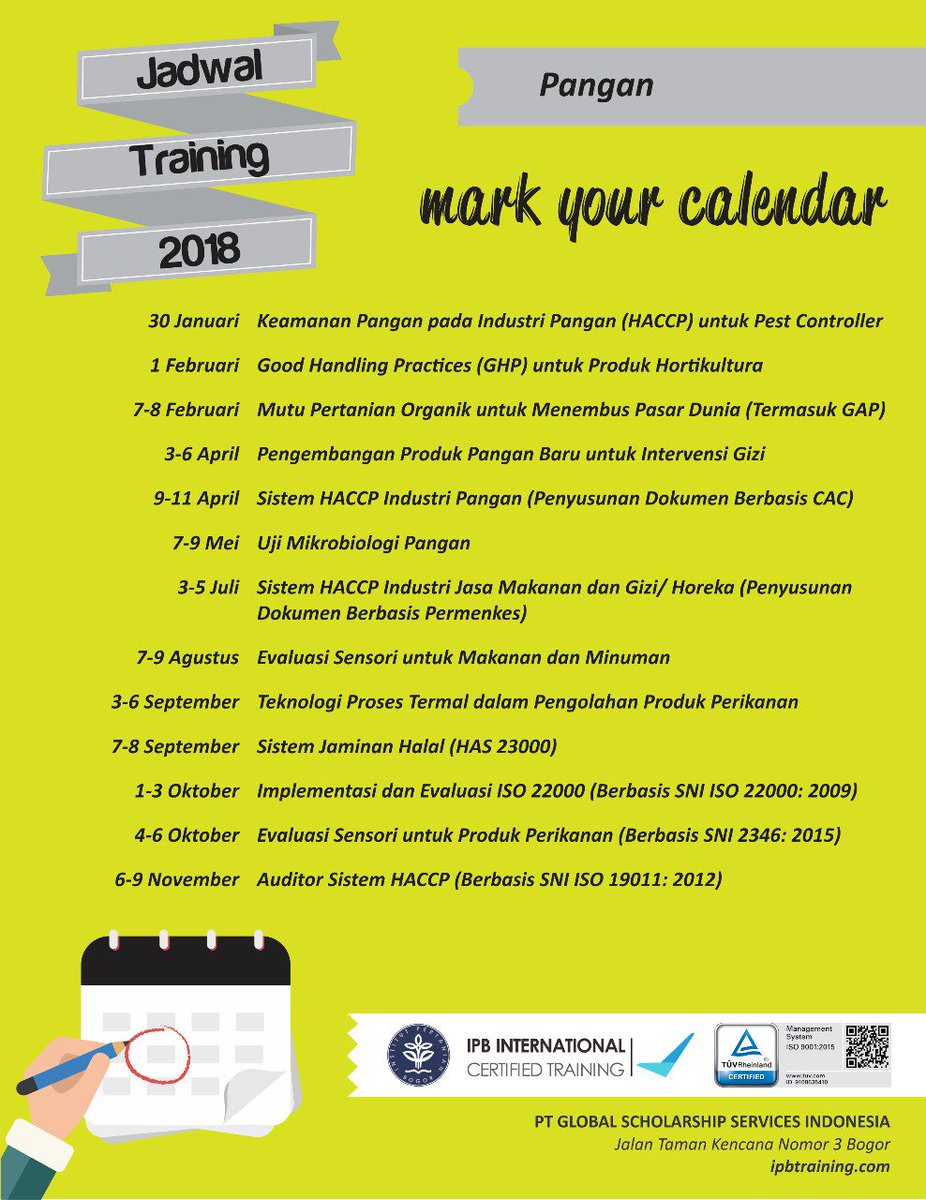 IPB_Training's tweet photo. @debinsurya Halo, terlampir jadwal training pangan tahun 2018. Semoga bermanfaat :) https://t.co/zMG5rNBWbd