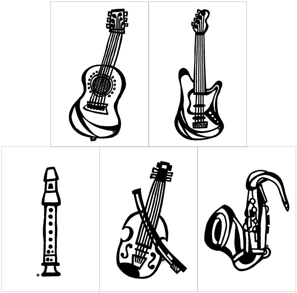 ポチぶ堂 Pa Twitter 無免music展 メインの楽譜柄 ポストカード用の楽器柄 楽器単体絵 展示 イラスト 楽器 楽譜