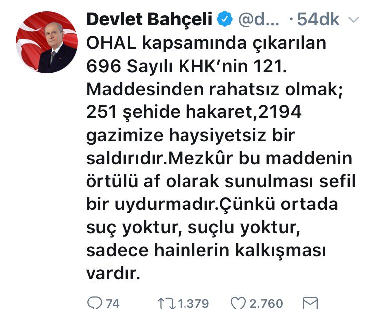 mustafahos's tweet photo. devlet bahçeli
19 temmuz 2016
"o iblis uşağı yaratık cezalandırılmalı" 
25 aralık 2017
"ortada suç yoktur, suçlu yoktur" https://t.co/vc9WnXgGIb