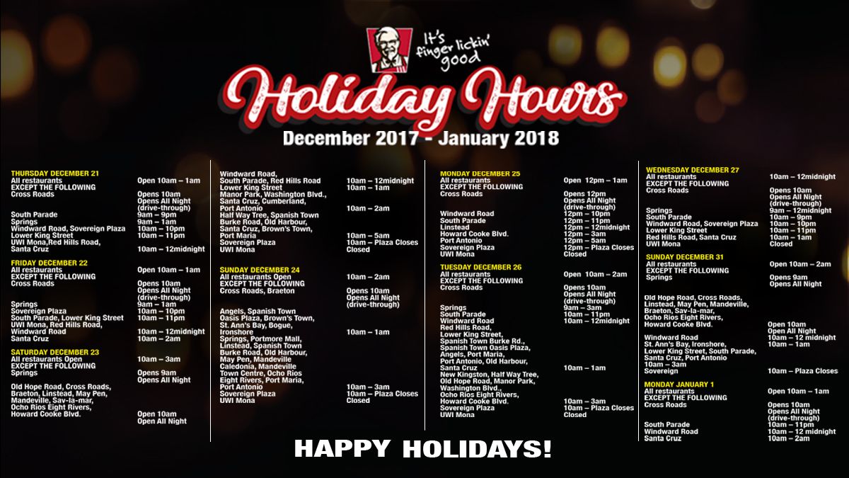 kfcjamaica's tweet photo. We’re now open, so finish unwrapping gifts and come on down and buy a #KFCBucket! #HappyHolidays #BucketLifeSeason https://t.co/tZ0Y1p9SzP