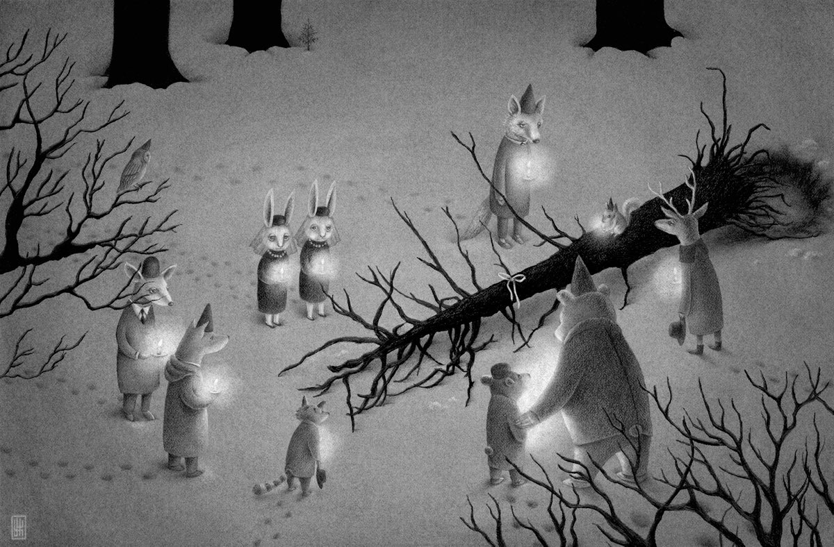 Happy Holidays! May it be filled w/ love &amp; joy. If not, may u find the light in the woods u need. Peace ❄️🌿🙏 #Art by #YokoTanaka (frm TP4!)