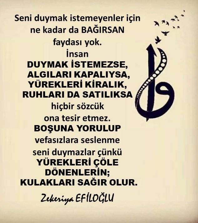 DUYMAK İSTEMEZSE,
 ALGILARI KAPALIYSA, YÜREKLERİ KİRALIK, 
RUHLARI DA SATILIKSA 
hiçbir sözcük 
ona tesir etmez. 
BOŞUNA YORULUP 
vefasızlara seslenme 
seni duymazlar çünkü YÜREKLERİ ÇÖLE DÖNENLERİN;
 KULAKLARI SAĞIR OLUR.