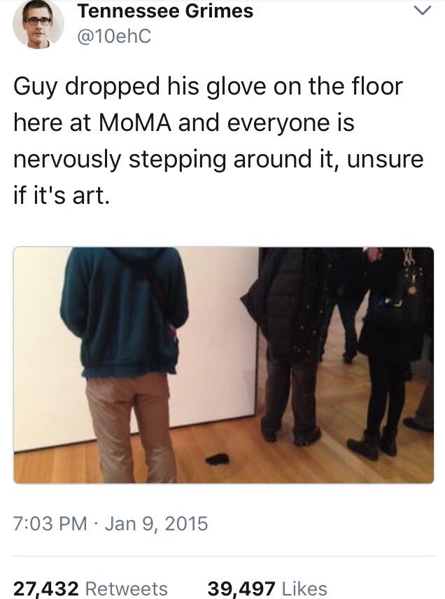 sree's tweet photo. A fun moment from my #3MetYears: The response to this tweet by @10ehC, @metmuseum digital colleague, when he visited @MuseumModernArt. ~27K RTs! https://t.co/9F8yOl1pmb