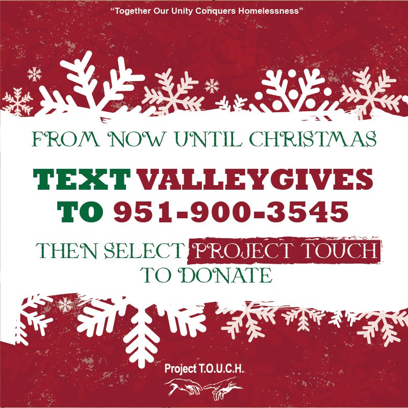 ProjectTOUCH's tweet photo. “Joy to the people who TEXT VALLEYGIVES” A simple TEXT can help make a difference!! Text VALLEYGIVES to 951-900-3545 then select Project TOUCH to donate #projecttouchonline #cause #shelter #homeless #community #donate #valleygives https://t.co/Mb3Dpg9vh7