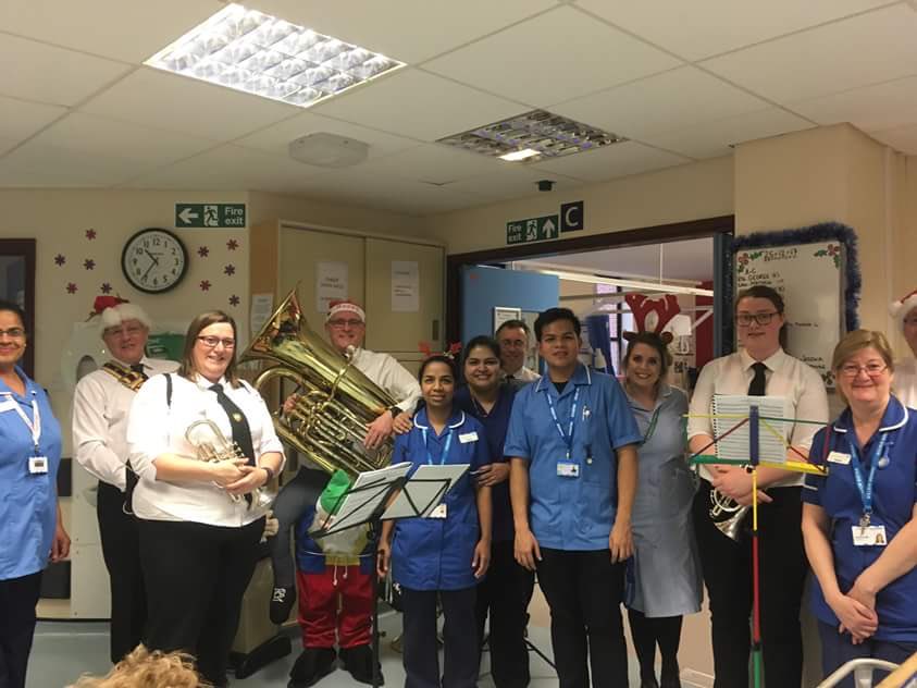 IpswichHosp's tweet photo. Thanks to the Salvation Army Band for making Christmas in hospital more joyful for our patients. Here they are on Kesgrave Ward (thanks to HCA Lucy for the photo). https://t.co/pZ2OB4Bh9q