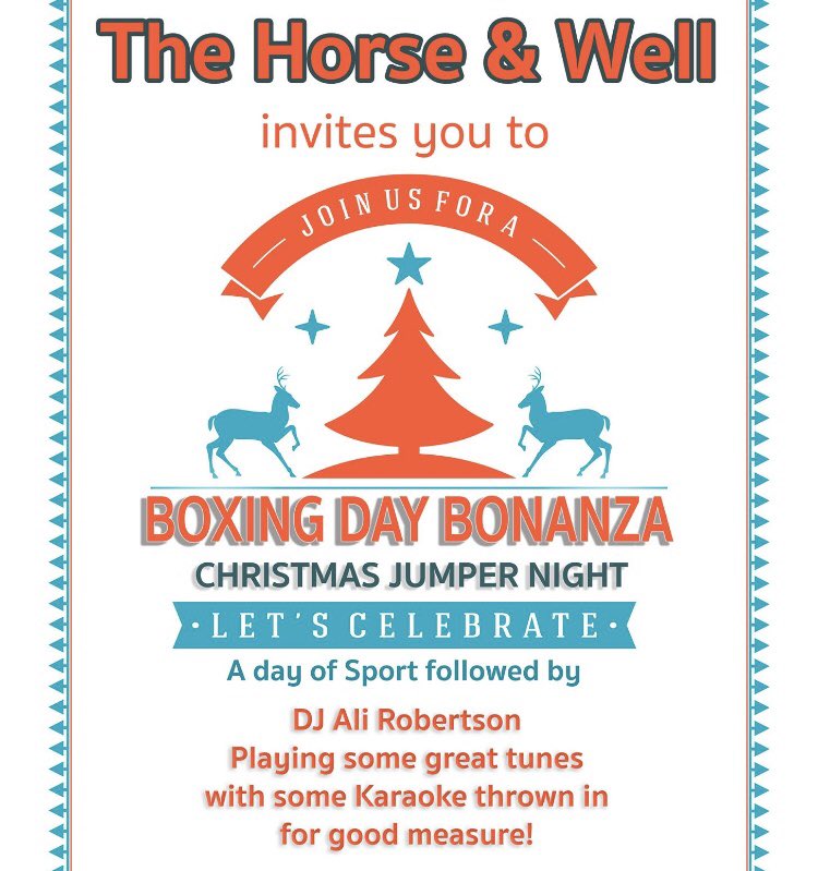 HorseandWell's tweet photo. Join us tomorrow for our Boxing Day Bonanza ... live premier league football &amp; horse racing followed by DJ/Karaoke 

Don’t forget your Christmas jumpers 

🎅🏼⚽️🐎🍷🍺🎤🎉🎅🏼

#livefootball #spurs #kempton #kingeorge #boxingday #christmasjumper #dj #karaoke #essex https://t.co/Gb8DTrRIua