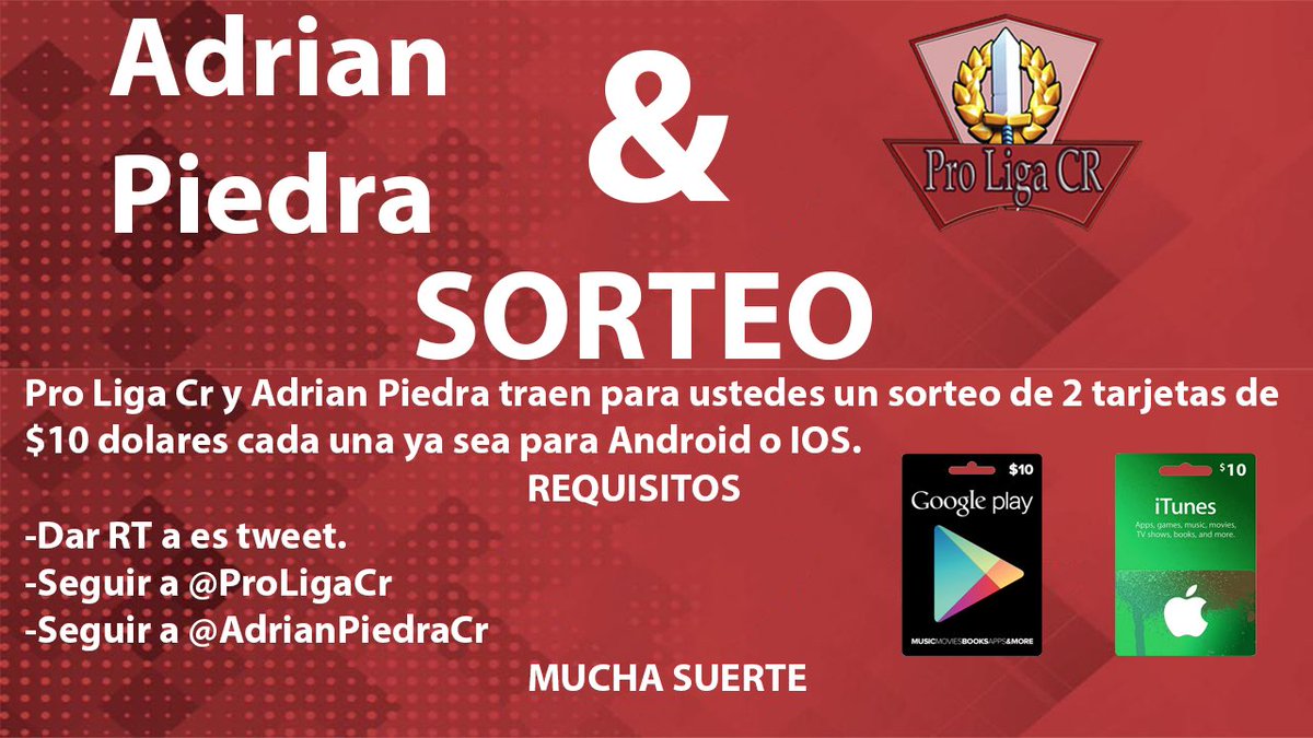 ¡SORTEO PARA ACABAR EL AÑO!🎄🎉🙌🏻
2 tarjetas iOS o Android de 10$ cada una

Requisitos:
-Seguirme en <a href="/adrianpiedracr/">AdrianPiedra</a> 
-Seguir a @ProLigaCr
-Dar RT a este tweet

Resultado: 4 de enero
Suerte pelones!❤️🎉