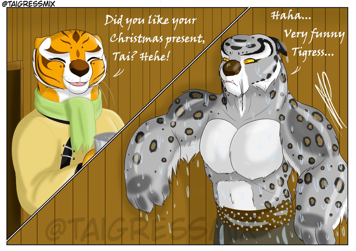 MasterLan12's tweet photo. T: Did you like your Christmas present, Tai? Hehe!
TL: Haha… Very funny, Tigress…

@TheTaiLung
@HeroineTiger
First time I did a drawing similar to this: https://t.co/CJElA8k2TE https://t.co/UjNIin1rHL