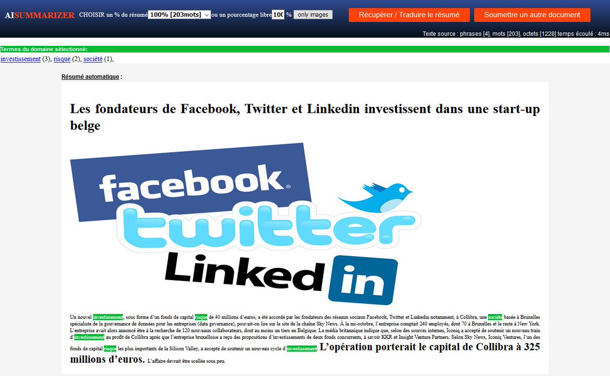 textsummarizor's tweet image. Facebook, Twitter et Linkedin investissent dans une start-up belge @lesoir by AIsummarizer bit.ly/2gxGI7c an AI &amp;amp; #NLP tool
#DocumentSummarization
#Translation
Classification and Ranking
#SentimentAnalysis
Named Entity Recognition
Speech Recognition
#AutoSummaryoftheday