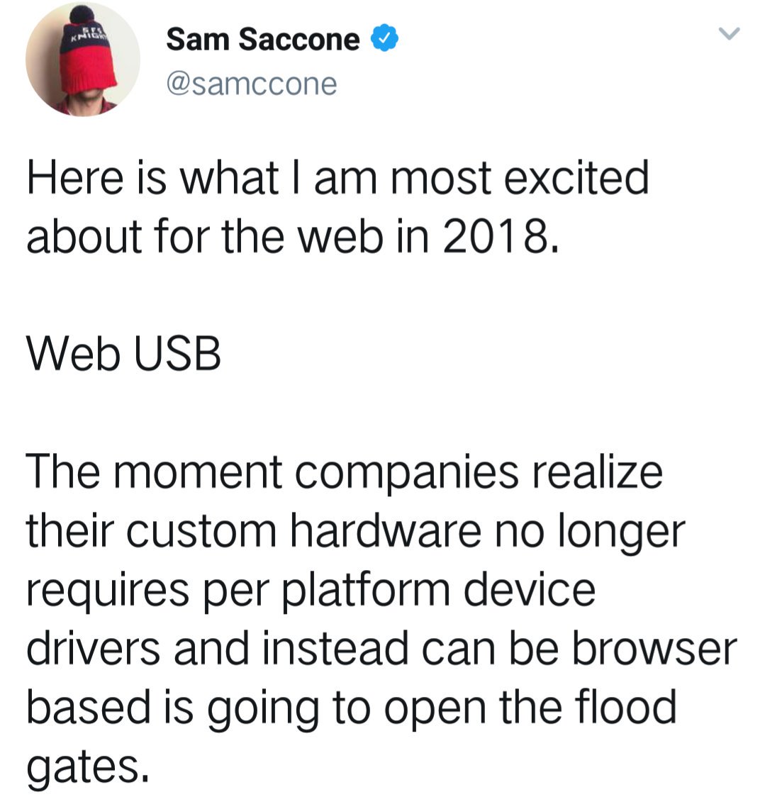 ruanyf's tweet photo. 2018年的一大看点，将是 Web USB 技术。

厂商们发现，从此不必为USB硬件提供各种平台的驱动，只需提供JS驱动就可以了。因为浏览器是一个沙盒，硬件在里面做什么都行，不会有安全顾虑。 https://t.co/grbyMpIbtv