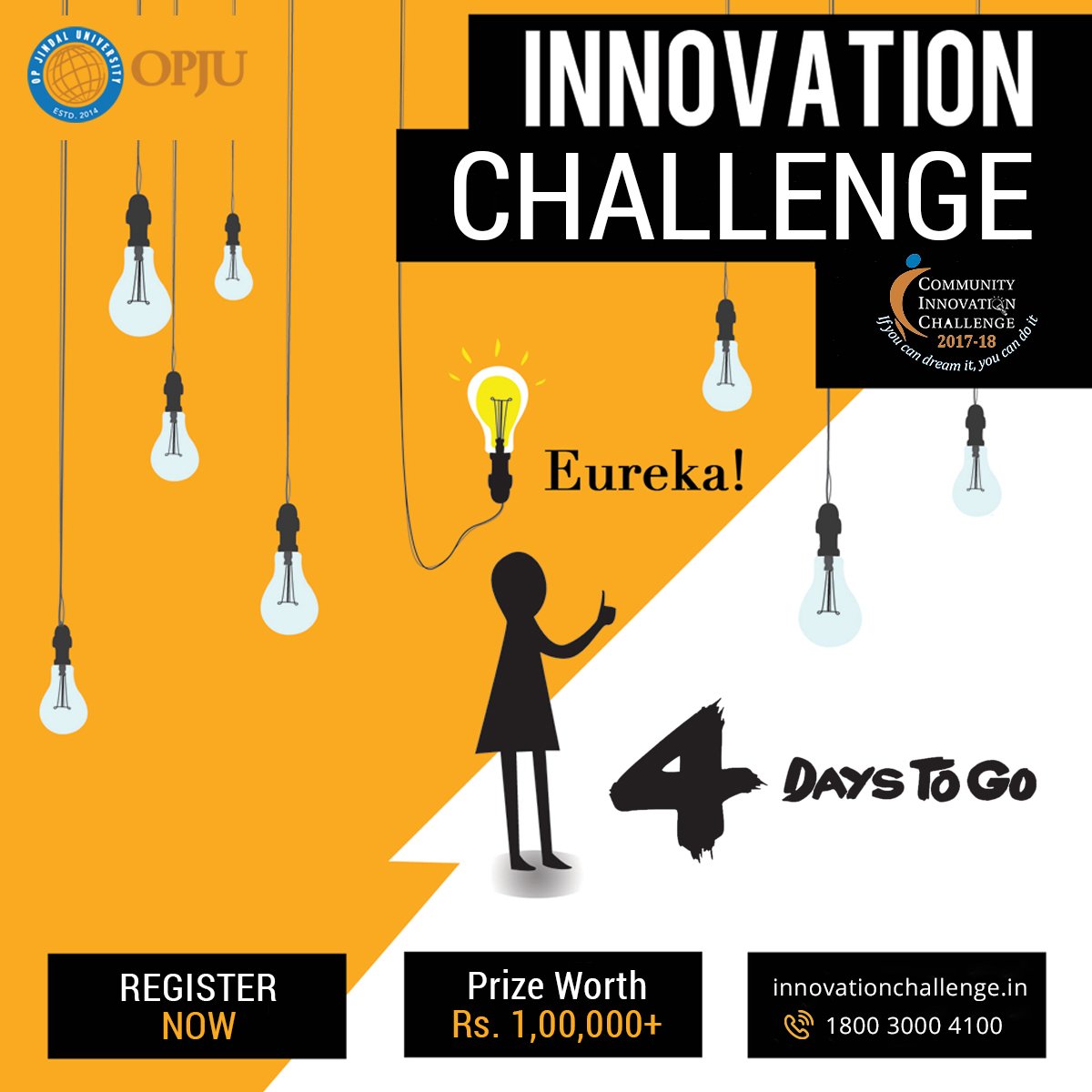 OPJUniversity's tweet photo. Hurry Register Now: 4 Days to Go!
First Prize: INR 50,000
Register Now (Toll Free): 1800 3000 4100
#InnovationChallenge, #ContestAlert #IndiaContest #WinAChallenge #ThinkDifferent #Idea #HighSchoolers #HighSchoolStudents #IndianHighSchoolStudents #4daystogo https://t.co/UGZ5sknVLq
