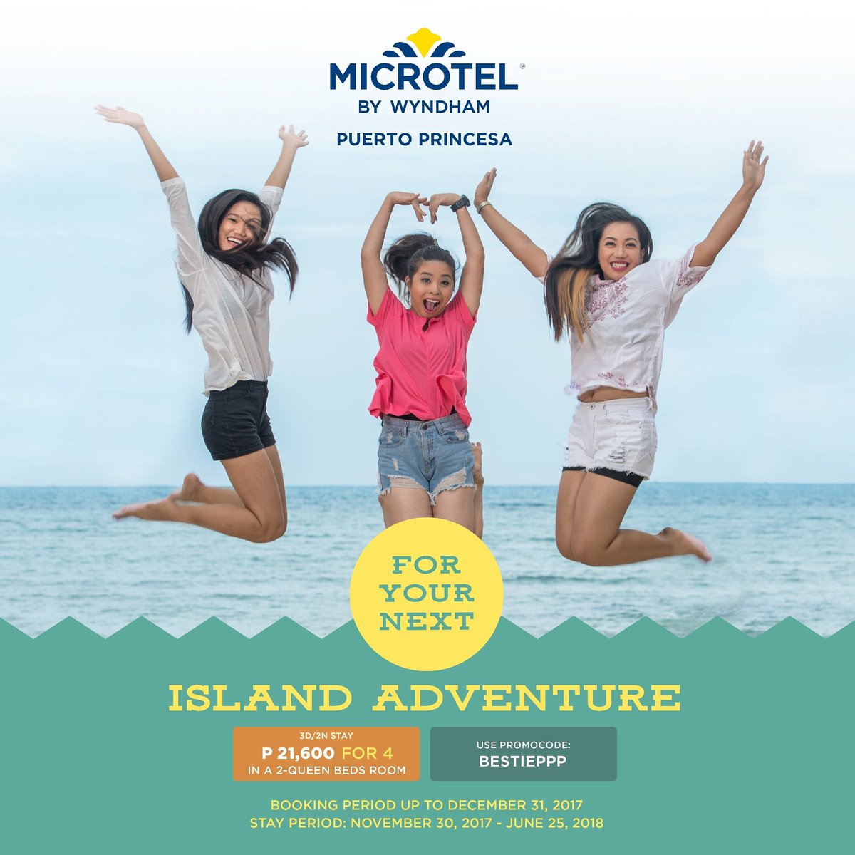 MicrotelPH's tweet image. Unleash your spirit of adventure we’ve got an epic beach trip for your whole barkada! Go on a 3D/2N 
Island Adventure for 4 at Microtel by Wyndham 
Puerto Princesa! Reserve now at microtel-palawan.com (use promo code: BESTIEPPP) or call 899 7171 / 0917 549 7363
#MicrotelPH