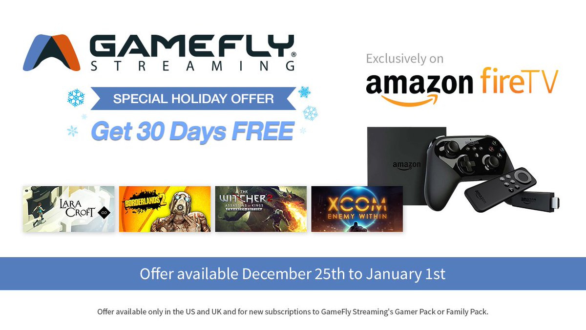 GameFly's tweet photo. Get 30 days of GameFly Streaming free https://t.co/m2EGA87noi Play dozens of games instantly. Offer ends January 1st, 2018 and is exclusively available on Amazon Fire TV & Fire TV Stick in the United States. #GameFlyStreaming #VideoGames #AmazonFireTV https://t.co/dQoHgNoPpR