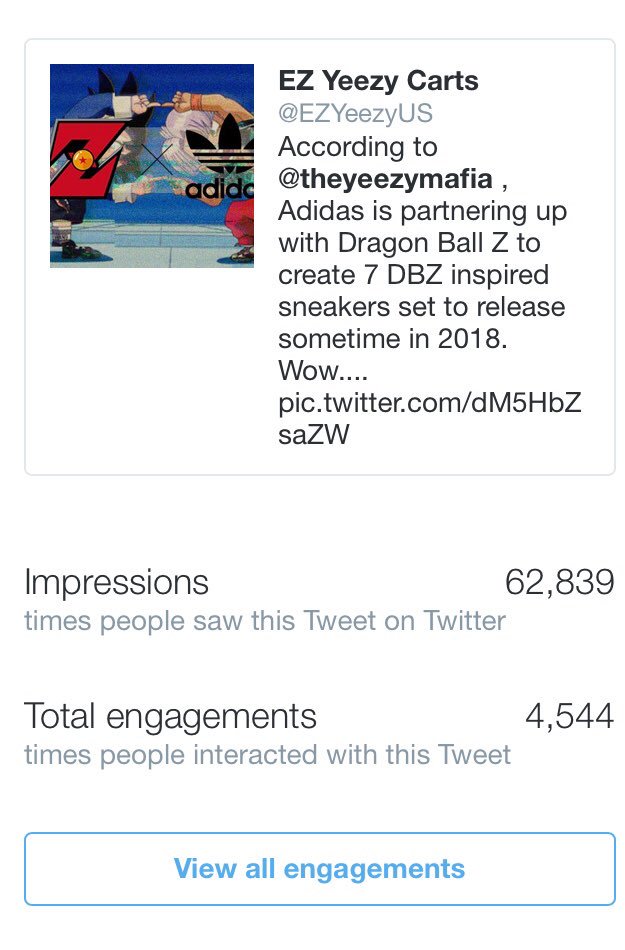 EZYeezyUS's tweet photo. The difference in impressions and engagements was all thanks to just a like given by @theyeezymafia ! I want to thank everyone over there for drawing so much traffic to our account even if it was just for one tweet. We really respect you and strive to be as great as you one day! https://t.co/7OgSP2n2Tl