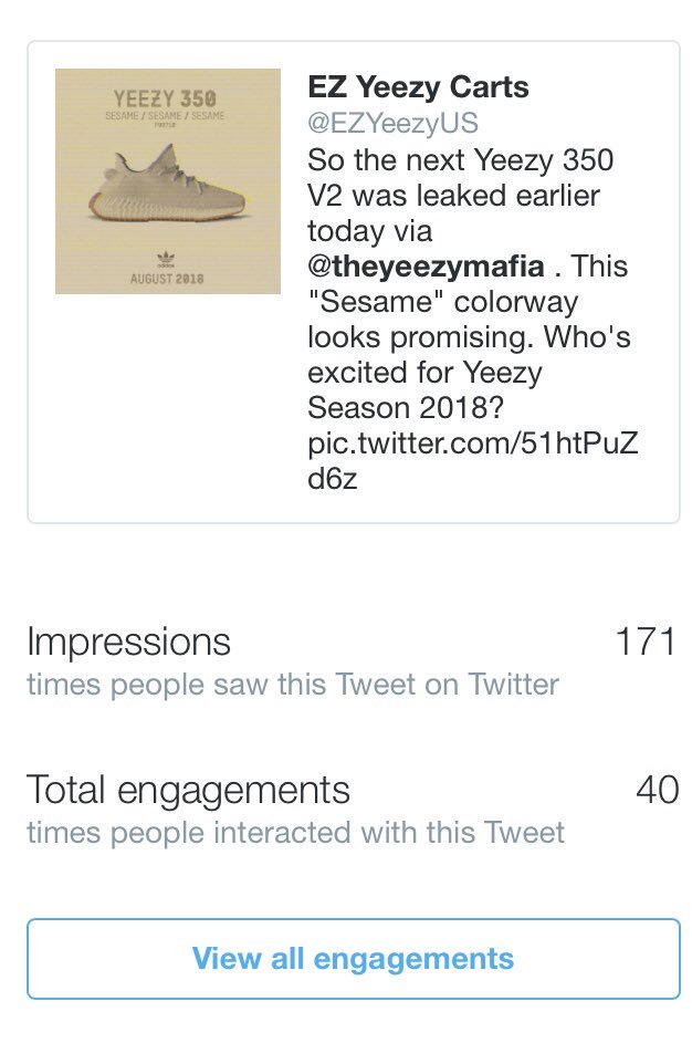 EZYeezyUS's tweet photo. The difference in impressions and engagements was all thanks to just a like given by @theyeezymafia ! I want to thank everyone over there for drawing so much traffic to our account even if it was just for one tweet. We really respect you and strive to be as great as you one day! https://t.co/7OgSP2n2Tl