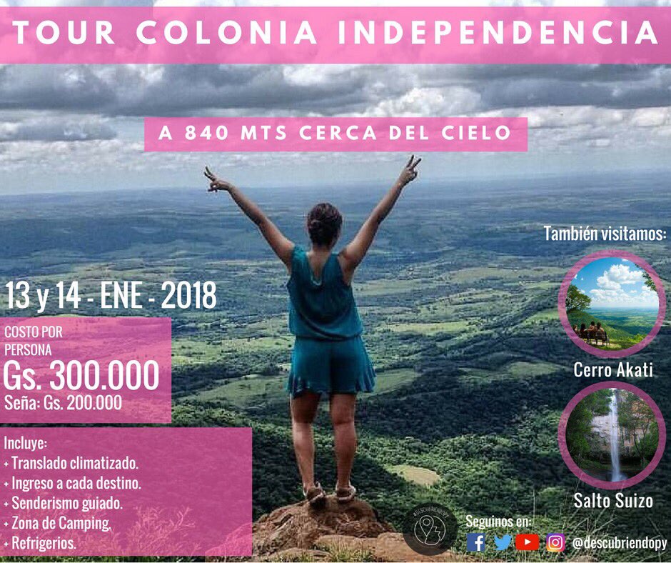 DescubriendoPy2's tweet photo. Y vos... como vas a empezar tu 2018?! Anímate y salí a conocer tu país más info al 0984121986 #descubriendopy #paraguay #2018 #trekking #turismointerno https://t.co/Qxb5K9966f
