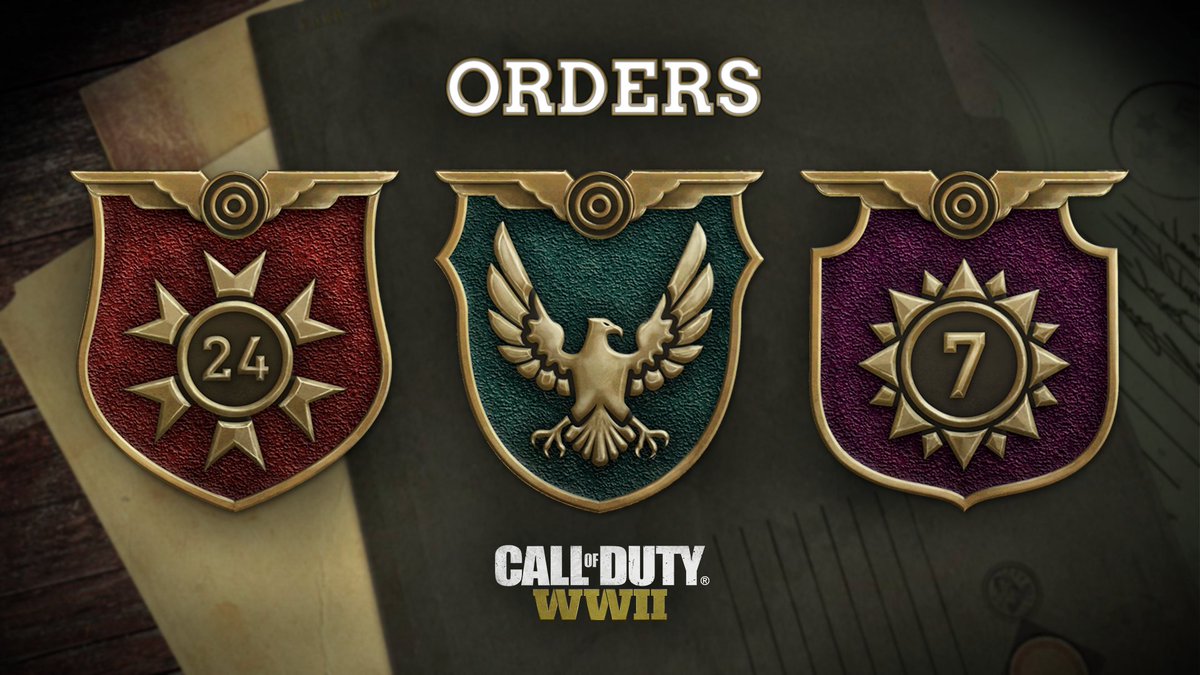 CallofDuty's tweet photo. New to Call of Duty®: WWII? Make sure to pick up your Daily, Weekly, and Special Orders from the Headquarters. Complete these tasks for XP boosts, Supply Drops, and more! #CODWWII https://t.co/YJS8AnBmWS