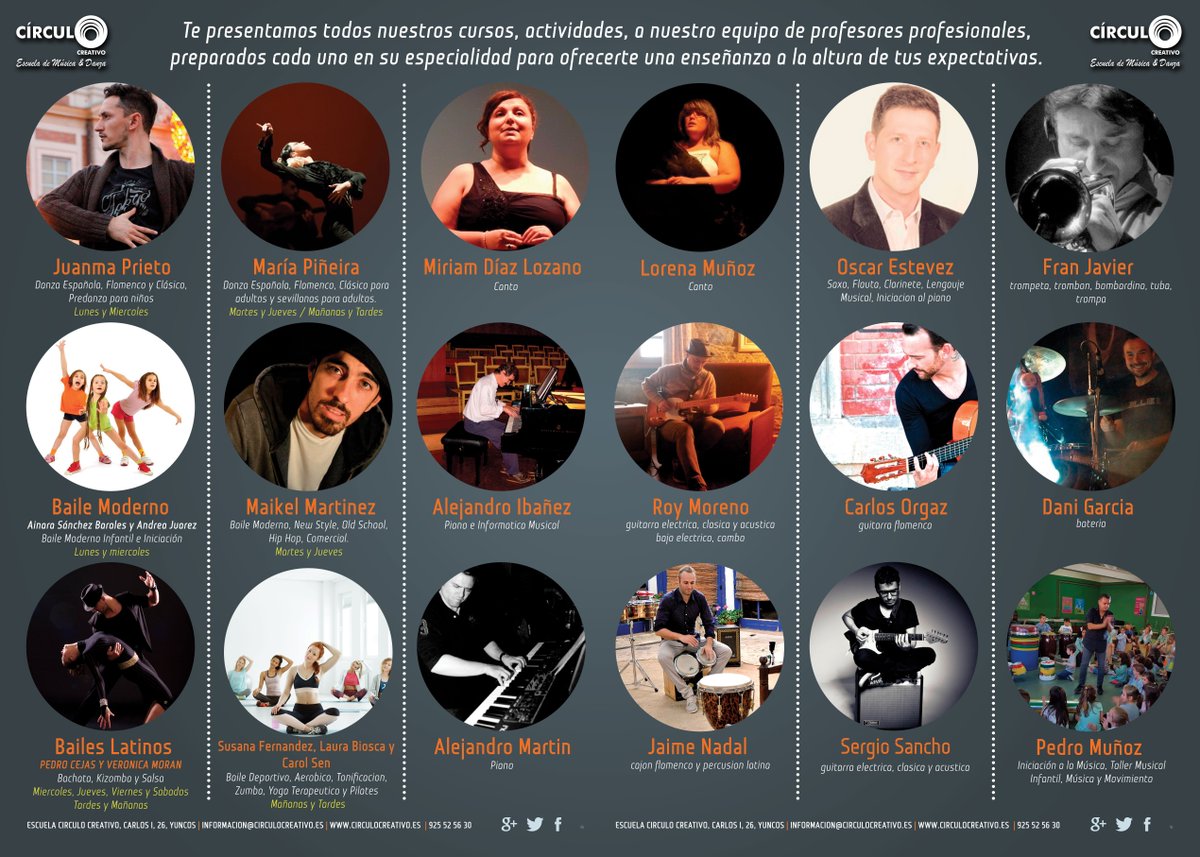 Todo nuestro equipo de profesores estarán disponibles en este nuevo año 2018 anímate e infórmate tanto para baile o también para empezar a cantar o a tocar algún instrumento 
Solo tienes que informarte de cursos,niveles,días y horarios
📞 925 52 56 30
🖱️ circulocreativo.es