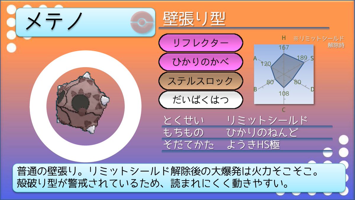 てつぼう ポケモン育てて3000匹 V Twitter ポケモンusum育成サンプル 起点作り型メテノ 殻破り型の方が有名なのか タスキ潰そうと殴ってくる相手が多く 壁張りステロをやりやすいです あとリミットシールドはおにびとか電磁波とか無効化しますよ 忘れないで