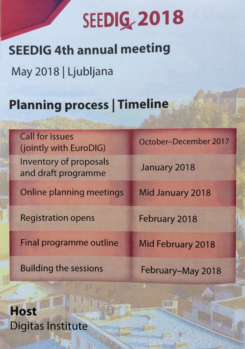 We’re getting ready for #SEEDIG 2018 in #Ljubljana, #Slovenia! Tell us what Internet governance &amp; digital policy issues are relevant for your national and regional communities 📣 🌐 Submissions only take a few minutes, DL: 31 December!
For more details👉🏼seedig.net/call-for-issue…