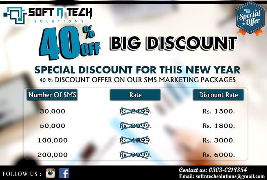 SoftnTechsol's tweet photo. Start new year with a new definition of elegance.
Soft n tech solutions gives you 40% new year discount on SMS marketing #newyeardiscount #newyearpromotion #business #Advertising #Smsmarketing #Bigoffer #limitedtime #highQualitylowprice #softntechsolutions
Contact us 03030218854 https://t.co/y8rjszp7Hq