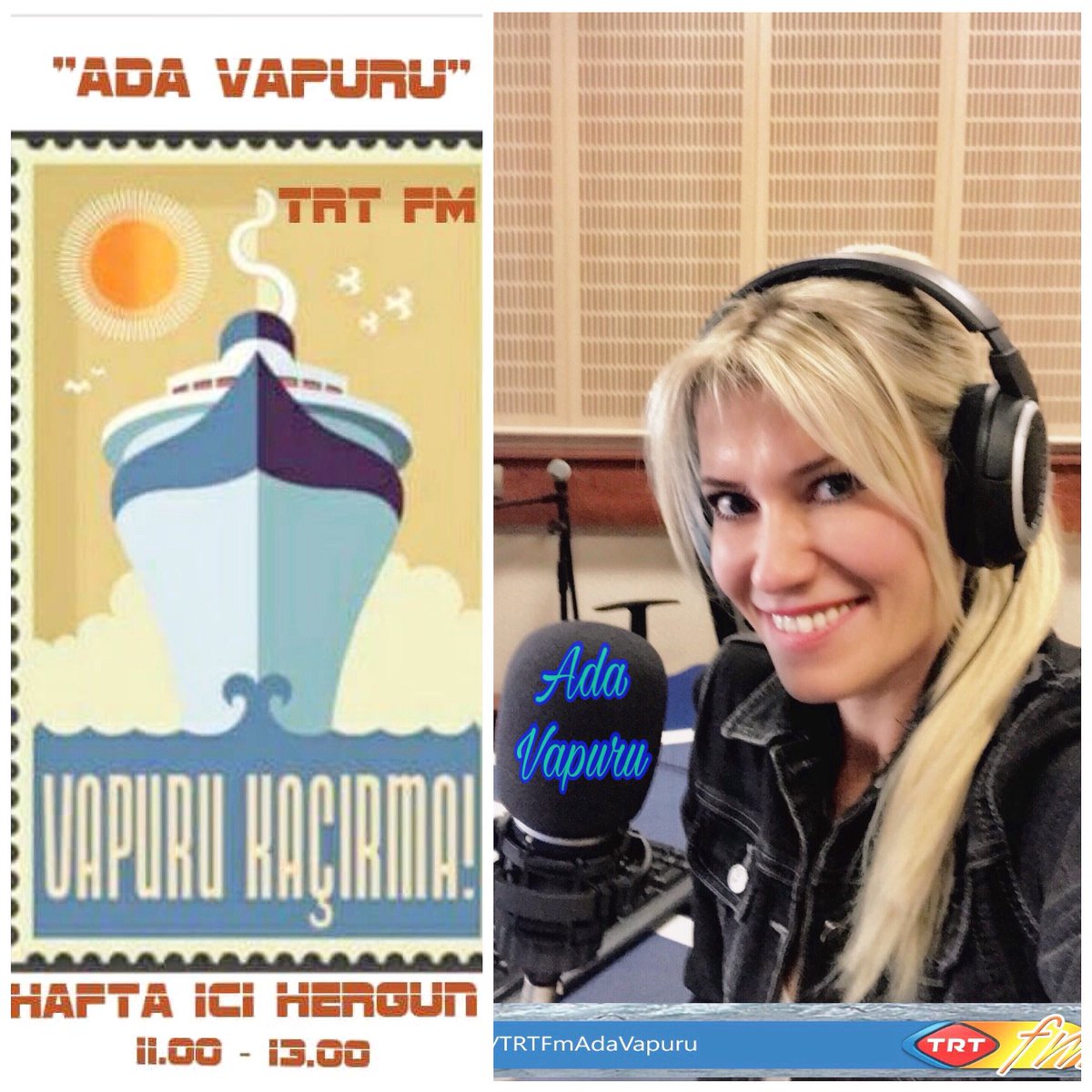 TakdireSayan_'s tweet photo. Müzik listelerinde yerini bulanlar ve yeni şarkılarla @TRTFM de Ada Vapuru yolculuğu başlıyor!.. Hadi geç kalmayın!..😉📻🎤🎧🎶🚢.                          @tulaytuzun @erguneray @cuneytnas #istanbulradyosu              https://t.co/Y4DZqUtTX5 https://t.co/tshYzz3YqD
