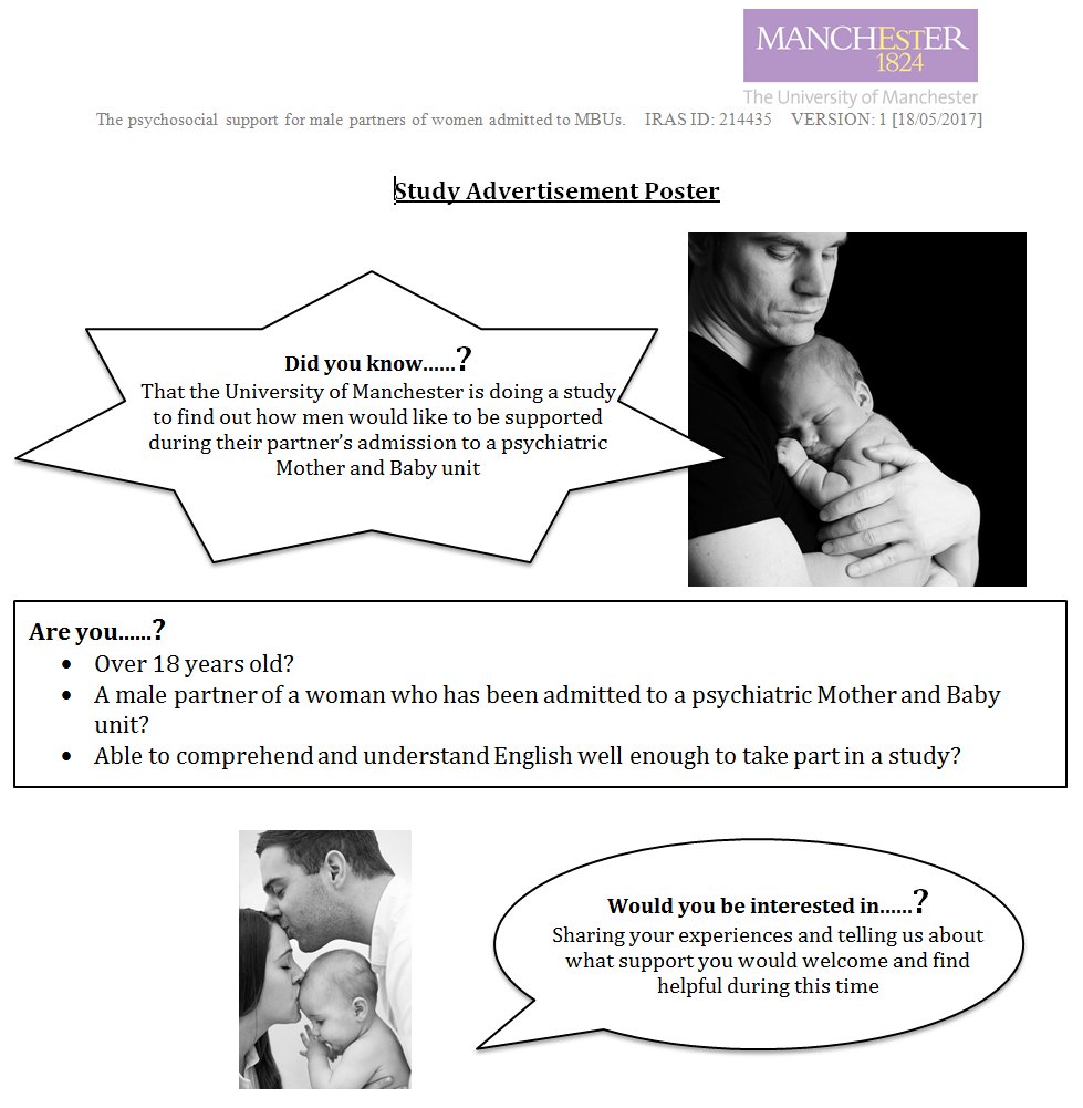 MBUPartners's tweet photo. Calling MALE partners (UK or Worldwide) of women admitted to MBUs for a study by the University of Manchester https://t.co/PvNZJHPLaF  https://t.co/7W7R71hWce
#dadsmatter #askdad @MarkWilliamsFMH @ActionOnPP @MumsnetTowers @PlunketNZ @MidwivesRCM @MMHScot @PoyntonPANDAS @mums_aid https://t.co/pboRJlXY1X