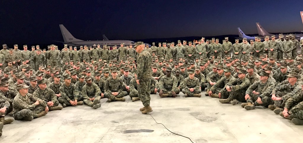 Marine Corps Commandant @GenRobertNeller speaks to Marines and Sailors assigned to Special Purpose MAGTF - Crisis Response - Africa in Sicily on Christmas day. “This is your family this Christmas. I hope you like each other.” as the crowd laughed. #DeployedForChristmas @USMC