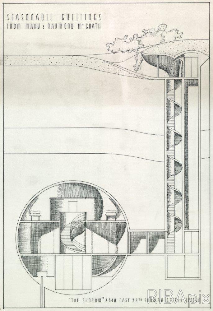 Here's a design for Raymond and Mary McGrath’s personal Christmas card of 1933, from the RIBA Collections. The drawing shows a section through an underground house called 'The Burrow'.