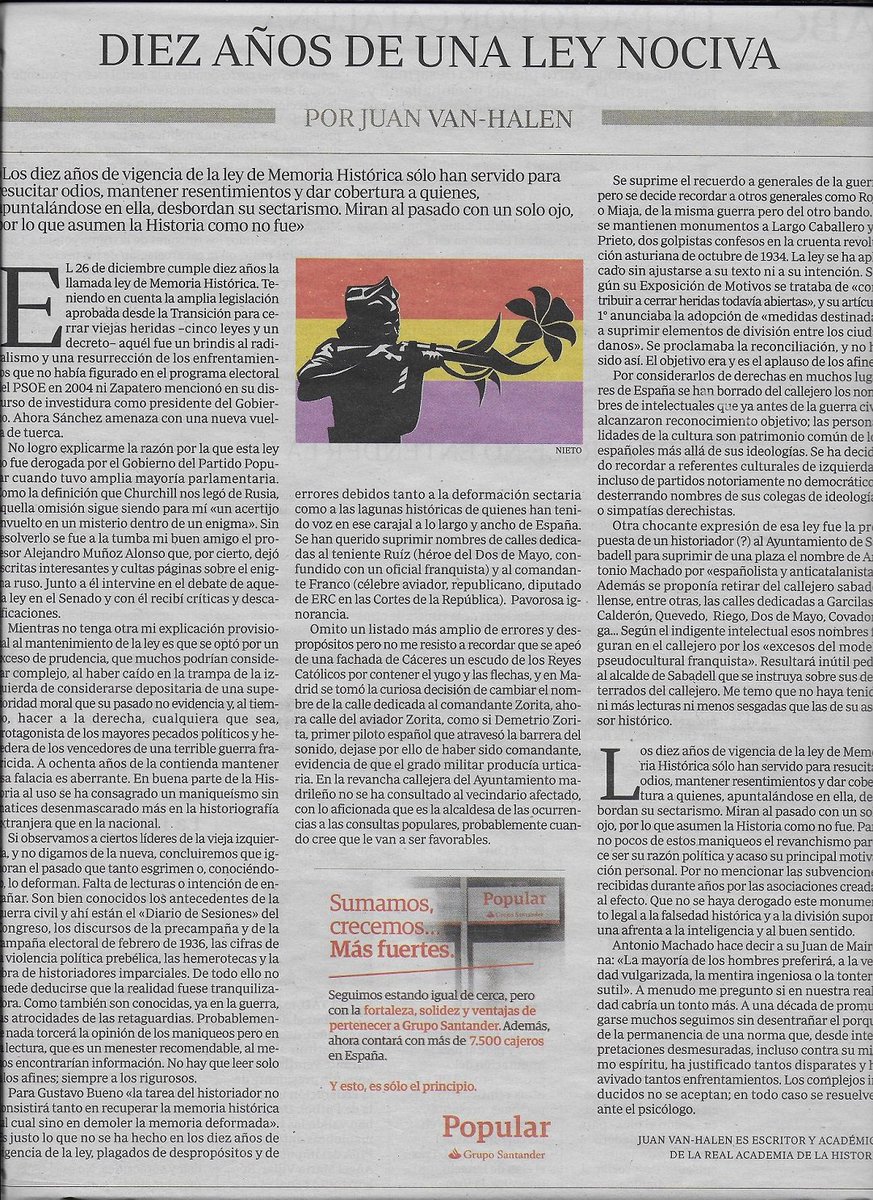 FNFFranco's tweet photo. El historiador y académico Juan Van Halen critica la ley de #MemoriaHistorica: "solo ha servido para resucitar odios".
Su mantenimiento por el PP "supone una afrenta a la inteligencia y al buen sentido".
En ABC: https://t.co/fRkuKJSBuN https://t.co/eavyfUSIKk