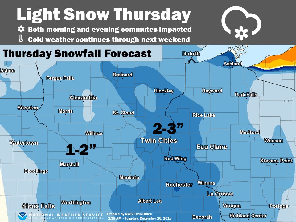 The cold weather continues, but a couple inches of light snow are expected to cause slick roads on Thursday #mnwx #wiwx